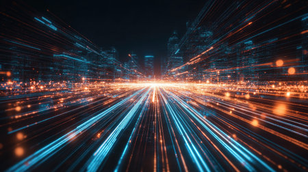 Dynamic digital grid glowing with light beams, representing fast tech processingの素材