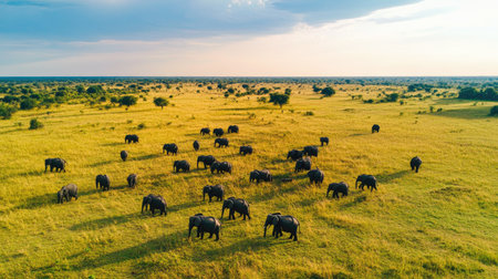 African wildlife reserve seen from above, with open space for copy in the grasslandの素材