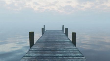 Deserted pier extending into a calm North American lake, with space for copy in the waterの素材