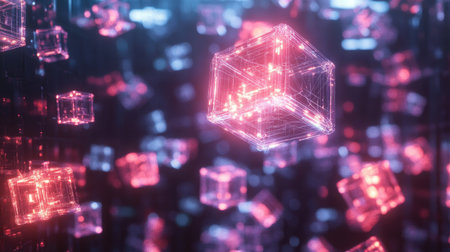Digital interface with interconnected glowing cubes on a tech process backdropの素材