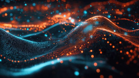 Flowing data particles forming a digital wave on a futuristic tech process backgroundの素材