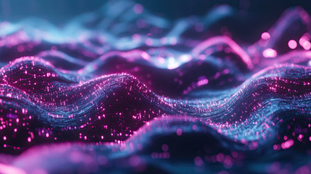 Flowing data waves and neon lights on a modern digital process backdropの素材