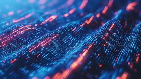 Flowing binary code on a glowing blue digital background for tech-related processesの素材