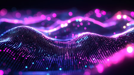 High-tech digital waveforms and glowing dots for tech process representationsの素材