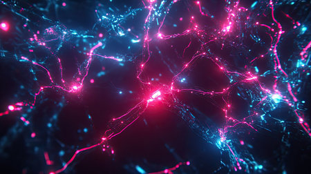 Interconnected neon light streams on a dark tech process background for futuristic visualsの素材