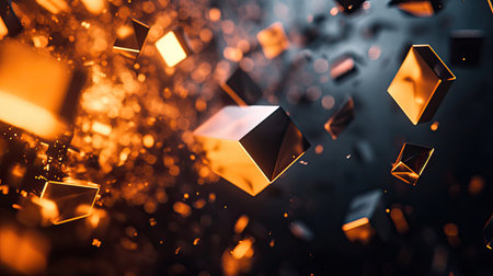 Glowing abstract polygonal shapes floating on a dark tech process backgroundの素材