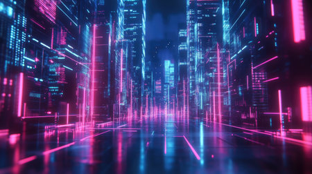 High-tech holographic design with neon light streams on a dark tech backgroundの素材