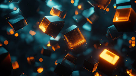 Glowing abstract polygonal shapes floating on a dark tech process backgroundの素材