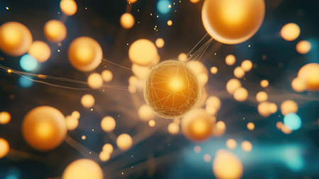 Glowing spheres connected by light streams, floating on a digital process backgroundの素材