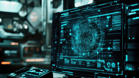 Holographic interface with interconnected digital points on a modern tech backgroundの素材