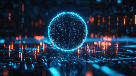 High-tech holographic sphere surrounded by glowing data points on a digital backgroundの素材