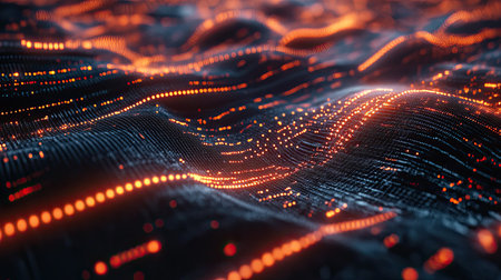 High-tech digital waveforms and glowing dots for tech process representationsの素材