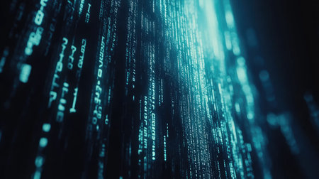 Matrix-like digital code cascading down a dark blue background for tech processing conceptsの素材