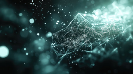 Polygonal mesh glowing with light, floating on a futuristic digital backgroundの素材