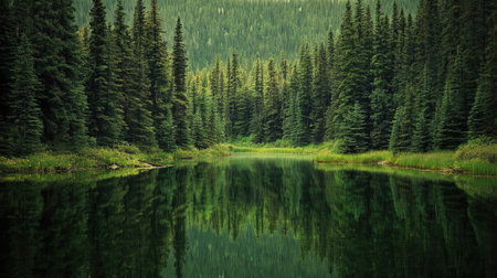 Quiet lake surrounded by forests in the Canadian wilderness, with space for text aboveの素材