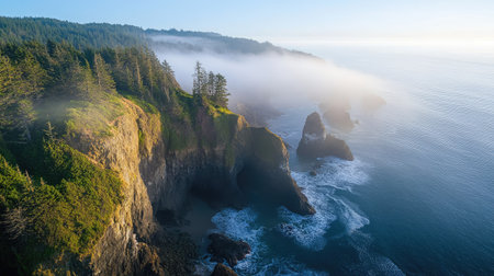 Rocky cliffs along the Oregon coast with mist rising from the ocean, leaving room for textの素材