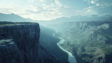North American canyon with steep cliffs and winding river, with space for text in the skyの素材