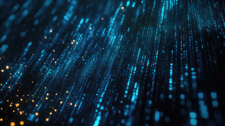 Matrix-like digital code cascading down a dark blue background for tech processing conceptsの素材