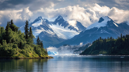 Snow-capped peaks in Alaska with glaciers stretching into the distance, leaving room for copyの素材