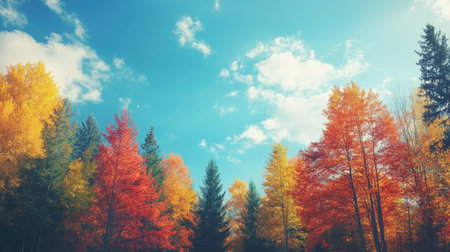 Serene Canadian forest in autumn with colorful trees and room for text in the skyの素材