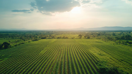 Top view of African fields stretching into the distance, with copy space in the skyの素材