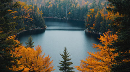 Top view of a quiet lake in the Adirondacks with autumn trees, leaving room for textの素材