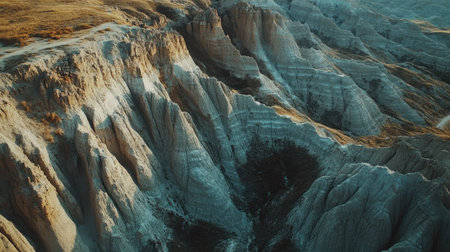 Top view of the Badlands in South Dakota with dramatic rock formations, leaving room for textの素材