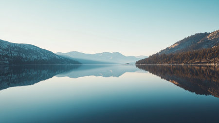 Top view of a calm lake in the Sierra Nevada mountains with room for copy in the skyの素材