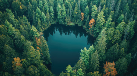 Top view of a peaceful North American lake surrounded by forests, with room for copyの素材