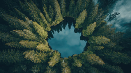 Top view of a peaceful North American lake surrounded by forests, with room for copyの素材