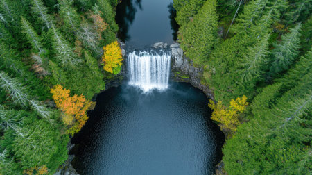 Top view of a North American waterfall cascading into a quiet river, with copy spaceの素材