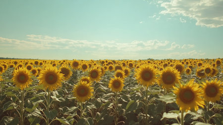 Vast fields of sunflowers in North America with space for text in the skyの素材
