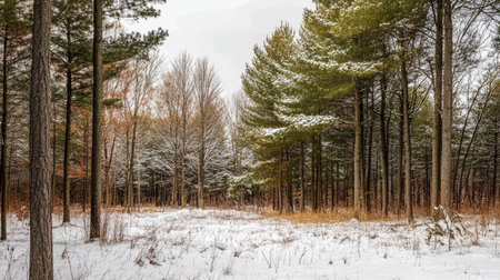 Snowy forest in the northern U.S. with tall pine trees, leaving room for textの素材