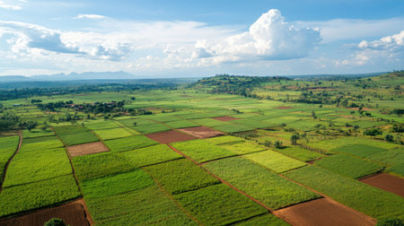 Top view of African farmland in neat rows, with open space for copy in the skyの素材