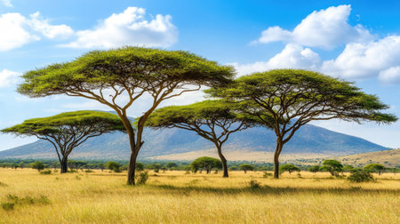 Wide shot of African acacia trees standing tall on a flat savanna, with room for copyの素材