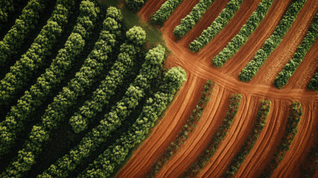 Top view of an African plantation with fields and copy space in the skyの素材