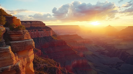 Sunset over the Grand Canyon with dramatic shadows and space for text in the skyの素材