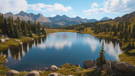 Top view of a serene lake in the Rocky Mountains with clear skies, leaving room for copyの素材