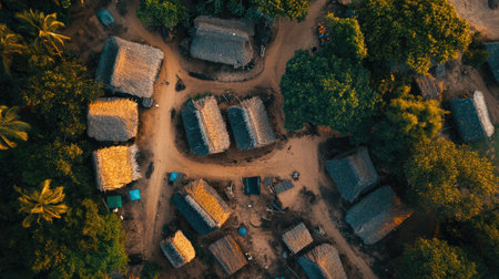 Top view of a quiet African village with thatched roofs, offering open space for textの素材