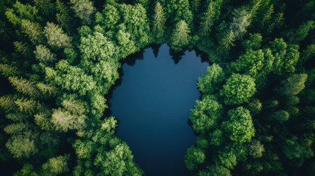 Top view of a peaceful North American lake surrounded by forests, with room for copyの素材