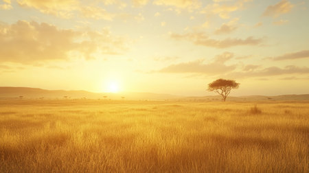 Vast African savanna landscape at sunrise, with plenty of space for copy in the skyの素材