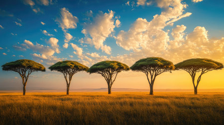 Wide shot of African acacia trees standing tall on a flat savanna, with room for copyの素材