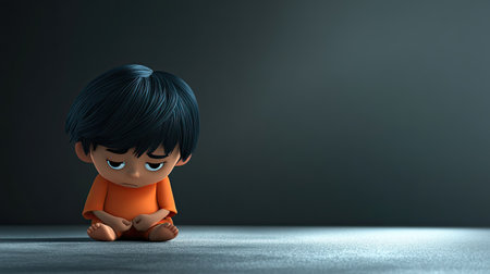 3D Indian cartoon character with a sad expression, sitting alone with head down, ample copy space in background.の素材