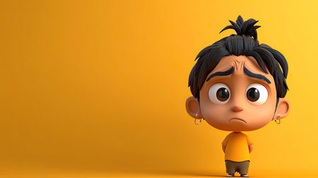 A 3D Indian cartoon character looking sorry, head bowed, ample space for copy around.の素材