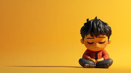 3D Indian cartoon character with a sad expression, sitting alone with head down, ample copy space in background.の素材