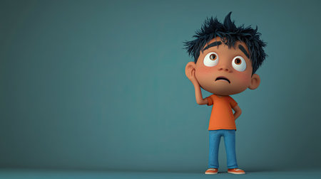 3D Indian cartoon character with a confused look, scratching their head, with room for copy space above.の素材
