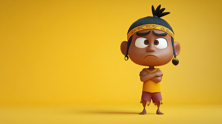 A 3D Indian cartoon character looking sorry, head bowed, ample space for copy around.の素材