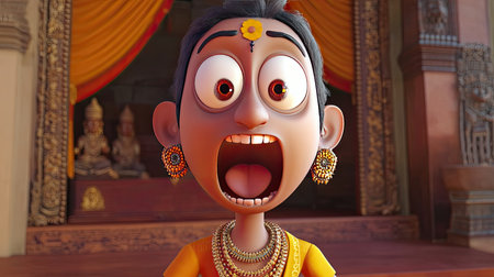 A 3D Indian cartoon character showing excitement with wide eyes and open mouth, room for text in the background.の素材