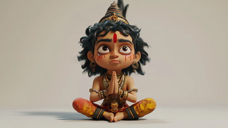 3D Indian character with teary eyes and a sorry expression, hands in a pleading gesture, room for copy space above.の素材