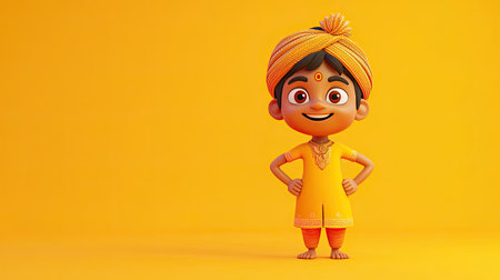 A 3D Indian cartoon character smiling with hands on hips, room for copy space around.の素材